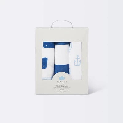 Muslin Swaddle Blankets By The Sea 3pk - Cloud Island™ Blue 4 Muslin Swaddle Blankets By The Sea 3pk - Cloud Island™ Blue - Image 2