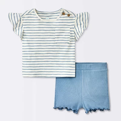 Baby Girls' 2pc Striped Pocket T-Shirt & Bike Shorts Set - Cloud Island™ Blue 6 Baby Girls' 2pc Striped Pocket T-Shirt & Bike Shorts Set - Cloud Island™ Blue - Image 4