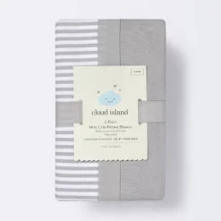 Fitted Mini Crib Sheet - Cloud Island™ - Stripe/Gray - 2pk -1st Step Store GUEST 2a164311 6e82 4567 8d13 1cffc5bac045