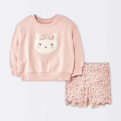 Baby Girls' 2pc Cat Applique Sweatshirt & Bike Shorts Set - Cloud Island™ Pink 6 Baby Girls' 2pc Cat Applique Sweatshirt & Bike Shorts Set - Cloud Island™ Pink - Image 4